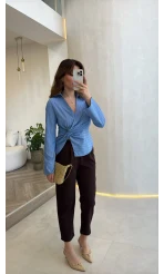 Quz Pile Detaylı Pantolon - Acı Kahve - Kod: 71154