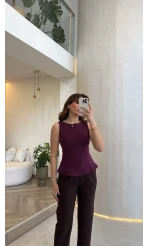 Dilvin Bele Oturan Sıfır Kol Volanlı Body - Mor - Kod: 21001