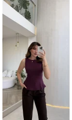 Dilvin Bele Oturan Sıfır Kol Volanlı Body - Mor - Kod: 21001