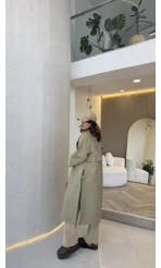 Fularlı Yırtmaç Detay Trençkot - Haki - Kod: 600