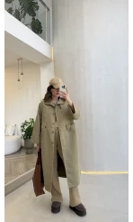 Fularlı Yırtmaç Detay Trençkot - Haki - Kod: 600