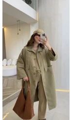 Fularlı Yırtmaç Detay Trençkot - Haki - Kod: 600
