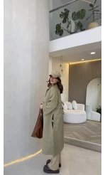 Fularlı Yırtmaç Detay Trençkot - Haki - Kod: 600