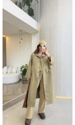 Fularlı Yırtmaç Detay Trençkot - Haki - Kod: 600