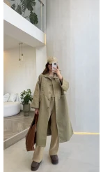 Fularlı Yırtmaç Detay Trençkot - Haki - Kod: 600