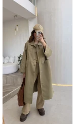 Fularlı Yırtmaç Detay Trençkot - Haki - Kod: 600