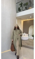 Fularlı Yırtmaç Detay Trençkot - Haki - Kod: 600