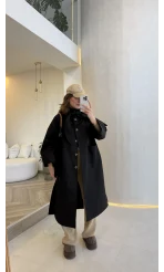 Fularlı Yırtmaç Detay Trençkot - Siyah - Kod: 600