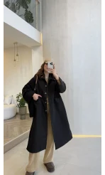 Fularlı Yırtmaç Detay Trençkot - Siyah - Kod: 600