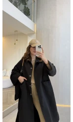 Fularlı Yırtmaç Detay Trençkot - Siyah - Kod: 600