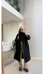 Fularlı Yırtmaç Detay Trençkot - Siyah - Kod: 600