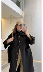 Fularlı Yırtmaç Detay Trençkot - Siyah - Kod: 600