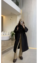 Fularlı Yırtmaç Detay Trençkot - Siyah - Kod: 600