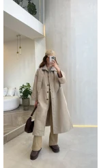 Fularlı Yırtmaç Detay Trençkot - Taş - Kod: 600