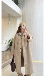 Fularlı Yırtmaç Detay Trençkot - Taş - Kod: 600