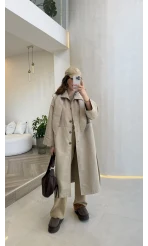 Fularlı Yırtmaç Detay Trençkot - Taş - Kod: 600