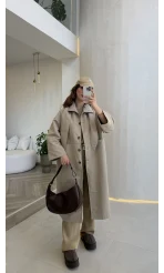 Fularlı Yırtmaç Detay Trençkot - Taş - Kod: 600