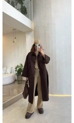 Fularlı Yırtmaç Detay Trençkot - Kahve - Kod: 600