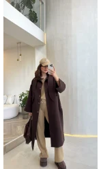 Fularlı Yırtmaç Detay Trençkot - Kahve - Kod: 600