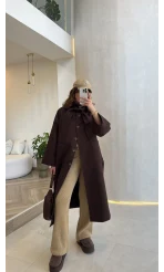 Fularlı Yırtmaç Detay Trençkot - Kahve - Kod: 600