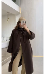 Fularlı Yırtmaç Detay Trençkot - Kahve - Kod: 600