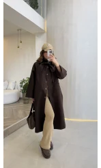 Fularlı Yırtmaç Detay Trençkot - Kahve - Kod: 600