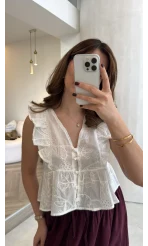 Geona Fırfırlı Dokulu Bluz - Ekru - Kod: 2264
