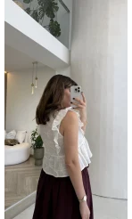 Geona Fırfırlı Dokulu Bluz - Ekru - Kod: 2264