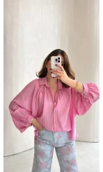 Sweden Yakası Gipeli Balon Kol V Yaka Çizgili Gömlek - Pembe - Kod: 580768