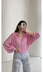Sweden Yakası Gipeli Balon Kol V Yaka Çizgili Gömlek - Pembe - Kod: 580768