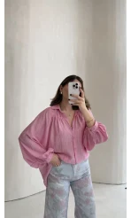 Sweden Yakası Gipeli Balon Kol V Yaka Çizgili Gömlek - Pembe - Kod: 580768