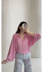 Sweden Yakası Gipeli Balon Kol V Yaka Çizgili Gömlek - Pembe - Kod: 580768