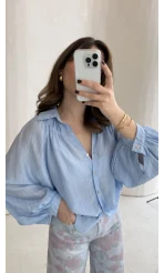 Sweden Yakası Gipeli Balon Kol V Yaka Çizgili Gömlek - Mavi - Kod: 580768