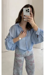 Sweden Yakası Gipeli Balon Kol V Yaka Çizgili Gömlek - Mavi - Kod: 580768