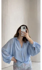 Sweden Yakası Gipeli Balon Kol V Yaka Çizgili Gömlek - Mavi - Kod: 580768