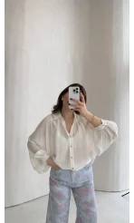 Sweden Yakası Gipeli Balon Kol V Yaka Çizgili Gömlek - Beyaz - Kod: 580768