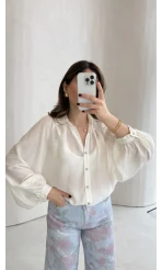 Sweden Yakası Gipeli Balon Kol V Yaka Çizgili Gömlek - Beyaz - Kod: 580768