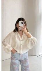 Sweden Yakası Gipeli Balon Kol V Yaka Çizgili Gömlek - Beyaz - Kod: 580768