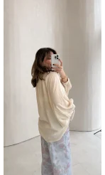 Sweden Yakası Gipeli Balon Kol V Yaka Çizgili Gömlek - Bej - Kod: 580768