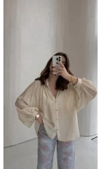 Sweden Yakası Gipeli Balon Kol V Yaka Çizgili Gömlek - Bej - Kod: 580768