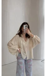 Sweden Yakası Gipeli Balon Kol V Yaka Çizgili Gömlek - Bej - Kod: 580768