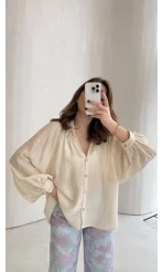 Sweden Yakası Gipeli Balon Kol V Yaka Çizgili Gömlek - Bej - Kod: 580768