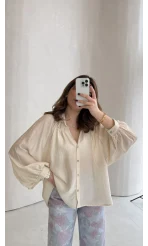 Sweden Yakası Gipeli Balon Kol V Yaka Çizgili Gömlek - Bej - Kod: 580768