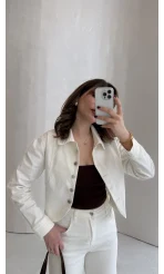 Denim Oval Kesim Kısa Ceket - Ekru - Kod: 0904