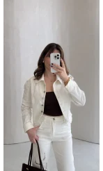Denim Oval Kesim Kısa Ceket - Ekru - Kod: 0904