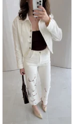 Denim Oval Kesim Kısa Ceket - Ekru - Kod: 0904