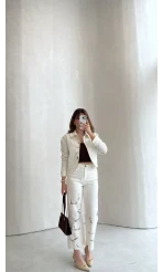 Ow Yüksek Bel Denim Nakışlı Pantolon - Ekru - Kod: 0904-1