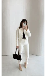 Ow Yüksek Bel Denim Nakışlı Pantolon - Ekru - Kod: 0904-1