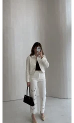 Ow Yüksek Bel Denim Nakışlı Pantolon - Ekru - Kod: 0904-1