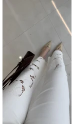 Ow Yüksek Bel Denim Nakışlı Pantolon - Ekru - Kod: 0904-1